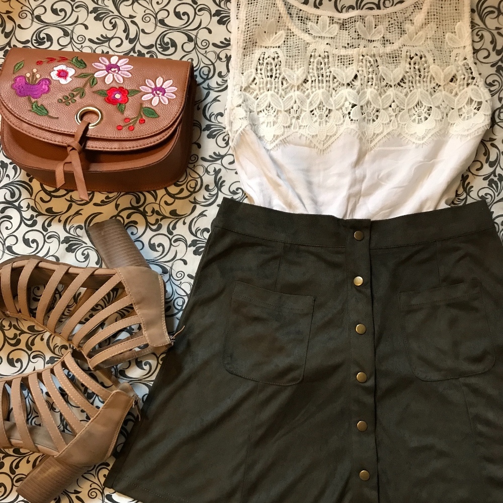 OLIVE SUEDE FLARE SKATER SKIRT